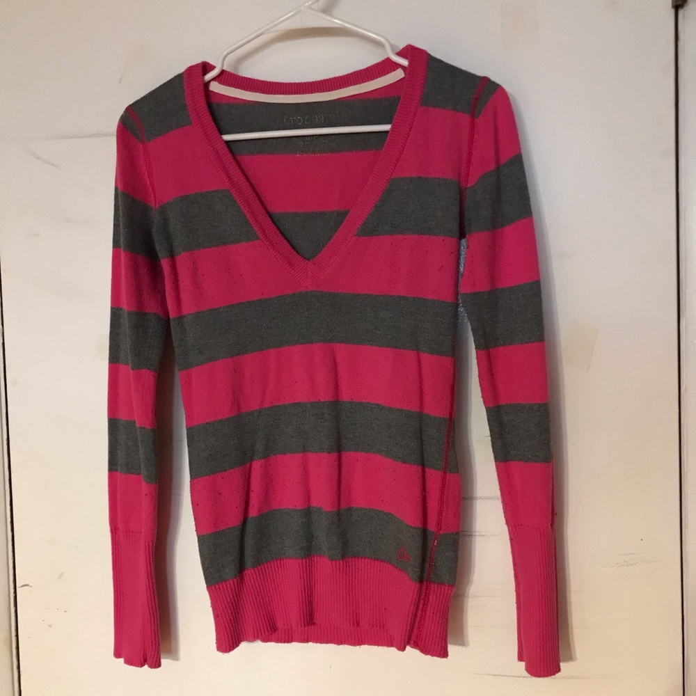 Pink and Gray Striped V-neck